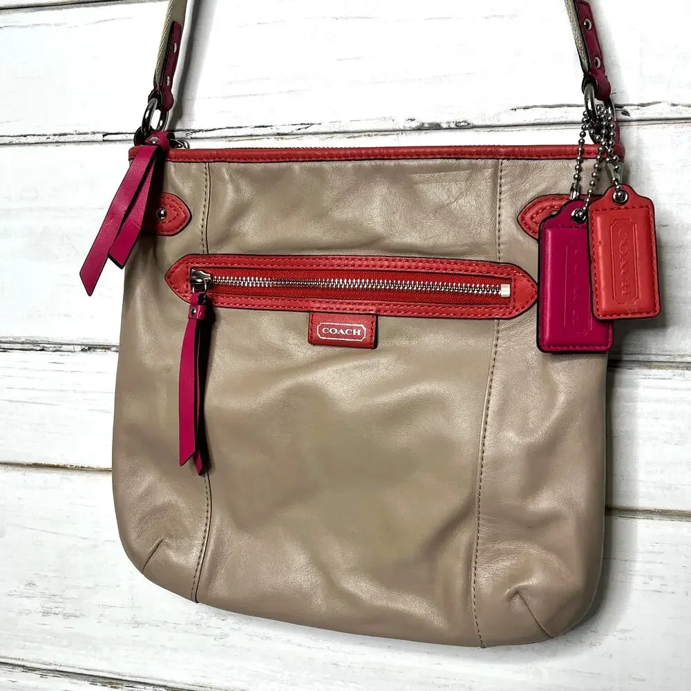 Coach Tan Pink Orange Leather Crossbody Messenger Bag Purse